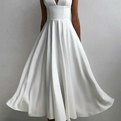 Simple a line deep v neck sleeveless evening dresses - Thumbnail 1