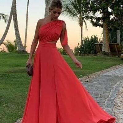 Sexy one shoulder red long prom dress - Thumbnail 2