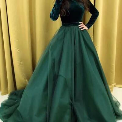 Charming high neck ball gown velvet and organza prom dresses with long sleeves  - Thumbnail 1