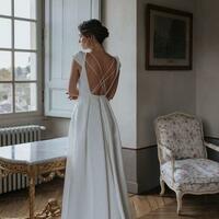 A-Line V Neck Cross Back Satin Wedding Dresses - Thumbnail 1