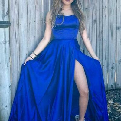 Spaghetti straps royal blue long prom dresses