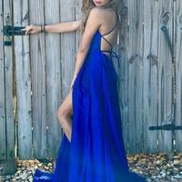 Spaghetti Straps Royal Blue Long Prom Dresses - Thumbnail 1