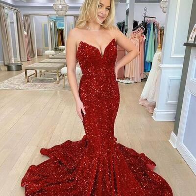 Mermaid strapless sequins wine red long evening dresses