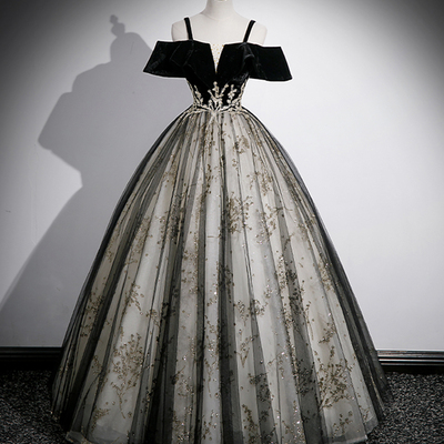 Black tulle sequins long prom dress - Thumbnail 1