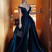 Off the Shoulder Black Long Evening Dresses with Front Slit - Thumbnail 1
