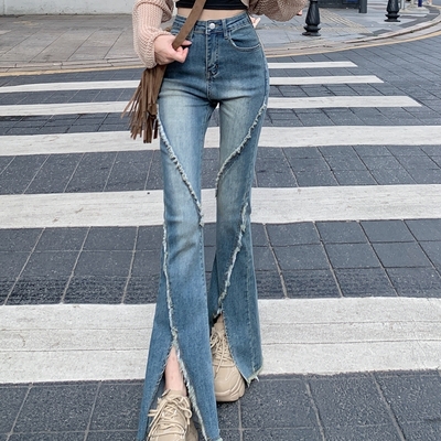 Stunning punk grunge tassel contrast line stitching split flare jean pants y2k 90s streetwear party nightclub dance amazing   - Thumbnail 1