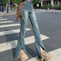 Stunning Punk Grunge Tassel Contrast Line Stitching Split Flare Jean Pants Y2K 90s Streetwear Party Nightclub Dance Amazing   - Thumbnail 1
