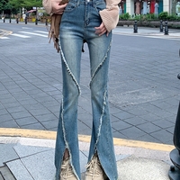 Stunning Punk Grunge Tassel Contrast Line Stitching Split Flare Jean Pants Y2K 90s Streetwear Party Nightclub Dance Amazing   - Thumbnail 4