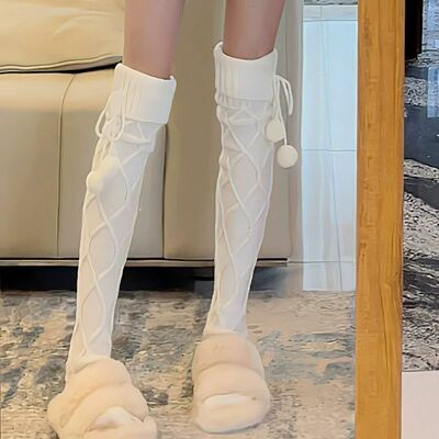 Cable Knit PomPom Knee-length Socks Stockings