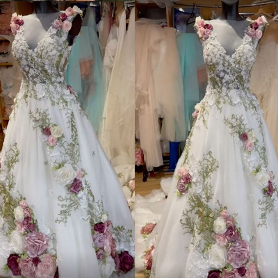 V neck wedding dresses bridal gown with 3d colorful  flowers  - Thumbnail 1