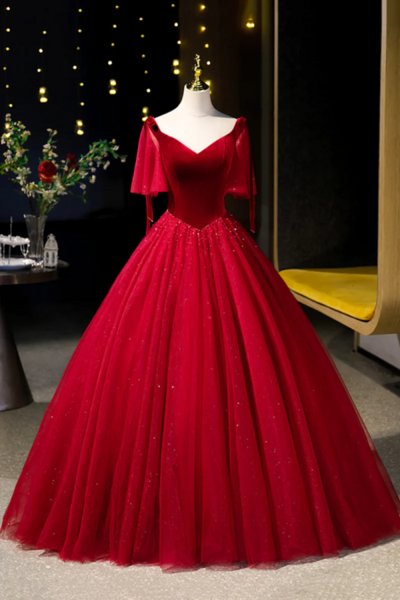 Burgundy Velvet and Tulle Long Prom Dress, A Line V Neck Formal Evening Dress KPP1601