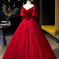 Burgundy Velvet and Tulle Long Prom Dress, A Line V Neck Formal Evening Dress KPP1601 - Thumbnail 2