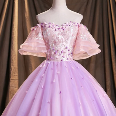Purple tulle sequins long prom dress, beautiful off the shoulder evening party dress kpp1602