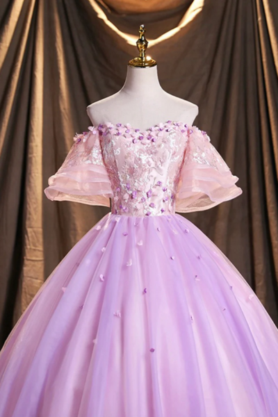 Purple Tulle Sequins Long Prom Dress, Beautiful Off the Shoulder Evening Party Dress KPP1602