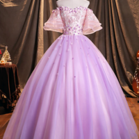 Purple Tulle Sequins Long Prom Dress, Beautiful Off the Shoulder Evening Party Dress KPP1602 - Thumbnail 1