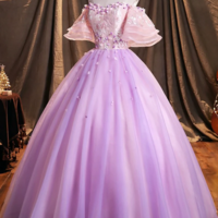 Purple Tulle Sequins Long Prom Dress, Beautiful Off the Shoulder Evening Party Dress KPP1602 - Thumbnail 2