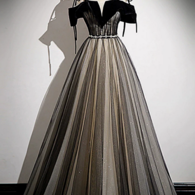 A line tulle black long prom dress, black long formal dress kpp1603