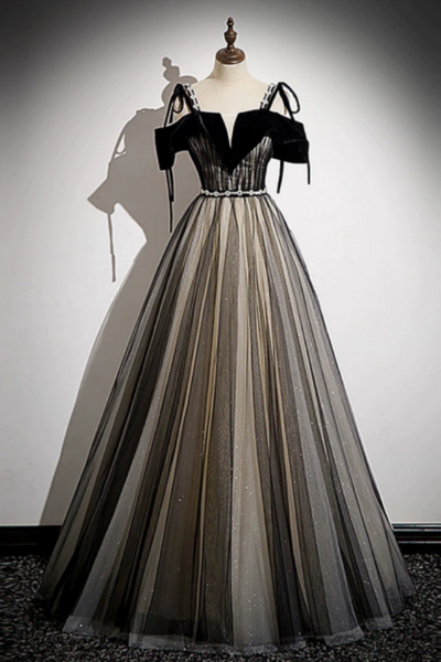 A Line Tulle Black Long Prom Dress, Black Long Formal Dress KPP1603