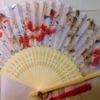 Snowman Winter Holidays Christmas Silk Nylon Handheld Fan Folding Handfan Handmade - Thumbnail 2