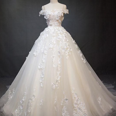 Tulle lace applique long prom dress, white lace wedding dress