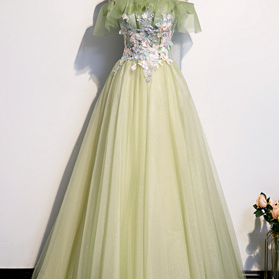 Prom dresses,green tulle lace long a line prom dress evening dress