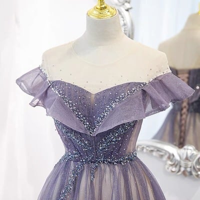 Prom dresses,heavy nail bead gradient color off shoulder tulle dress purple long prom dress