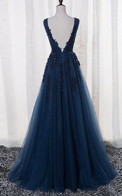 elegant Tulle Prom Dress Lace Prom Dress Navy Blue Long Prom Dress