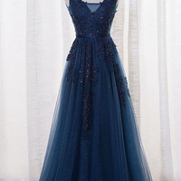 elegant Tulle Prom Dress Lace Prom Dress Navy Blue Long Prom Dress - Thumbnail 1