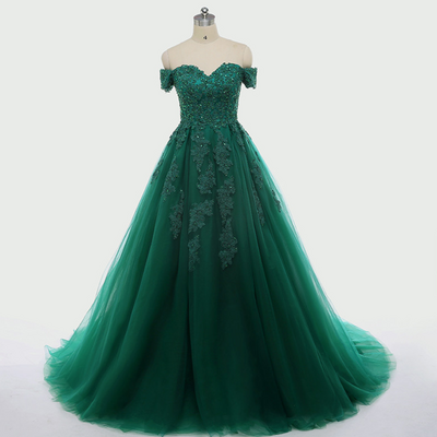 Prom dresses, deep green lace applique strapless sexy tulle party dresses