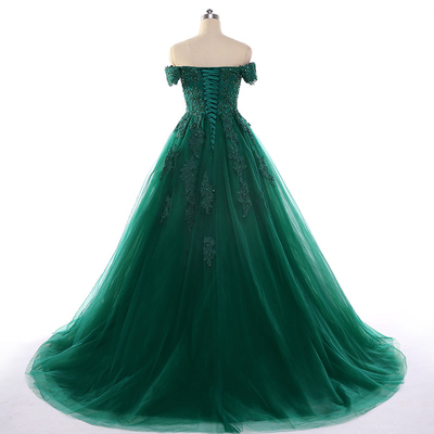 Prom Dresses, Deep Green Lace Applique Strapless Sexy Tulle Party Dresses