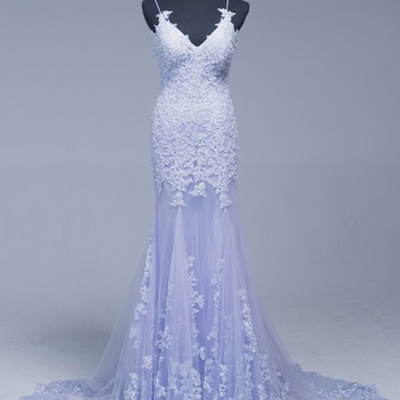 Prom dresses,lavender lace appliques beading long mermaid evening dress