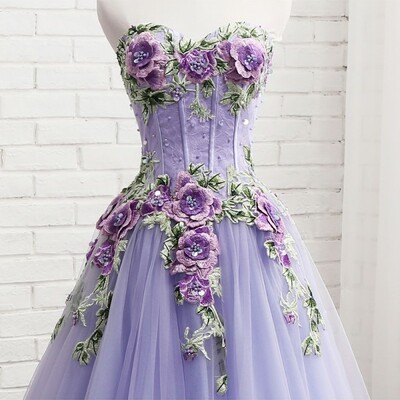 Sweetheart lavender tulle long 3d flower evening dress, senior prom dress