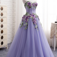 sweetheart Lavender Tulle Long 3d Flower Evening Dress, Senior Prom Dress - Thumbnail 1