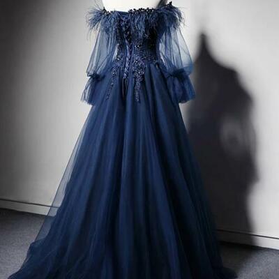 Dark blue off shoulder tulle long prom dress, blue evening dress