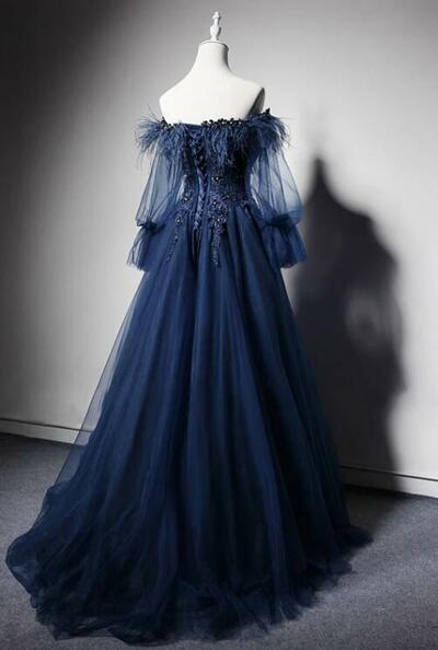 dark Blue Off Shoulder Tulle Long Prom Dress, Blue Evening Dress
