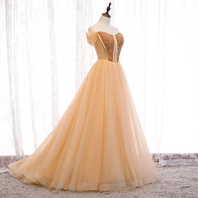 Prom dresses,luxury wedding champagne color strapless evening gowns fairy party dresses