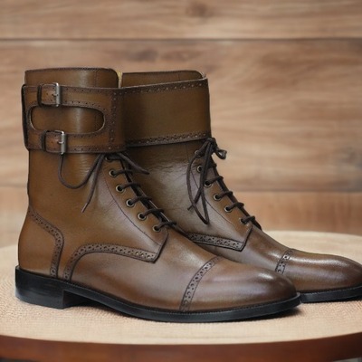   handmade men's ankle high double buckle cap toe boot, fashion boot - Thumbnail 1