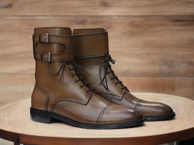   Handmade Men's Ankle High Double Buckle Cap Toe Boot, Fashion Boot