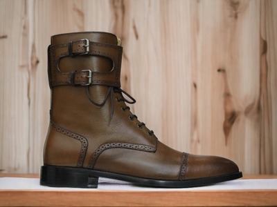 Handmade Men's Double Buckle Cap Toe Dark Brown Ankle High Lace Up Boot, Designer Boot
