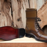 Handmade Men's Double Buckle Cap Toe Dark Brown Ankle High Lace Up Boot, Designer Boot - Thumbnail 2