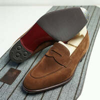 Men Bespoke / Penny Loafer Moccasin Handmade Brown Suede Leather Formal Dress Shoes - Thumbnail 1