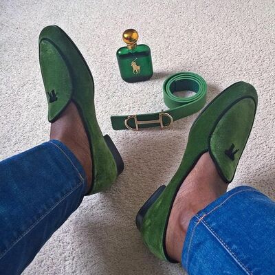 Green color loafer slip ons suede leather handcrafted party wear mocasin formal mens shoes - Thumbnail 5