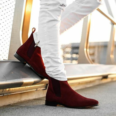 Handmade men burgundy chelsea suede leather dress formal boot - Thumbnail 2