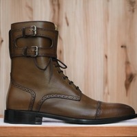 Bespoke Men's Double Buckle Lace Up Ankle High Brown Leather Boot, Fashion Boot - Thumbnail 1