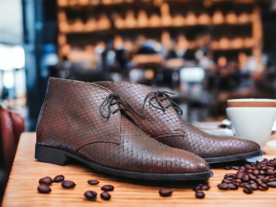  Men's Handmade Dark Brown Python Lace Up Chukka Boot, Luxury Boot