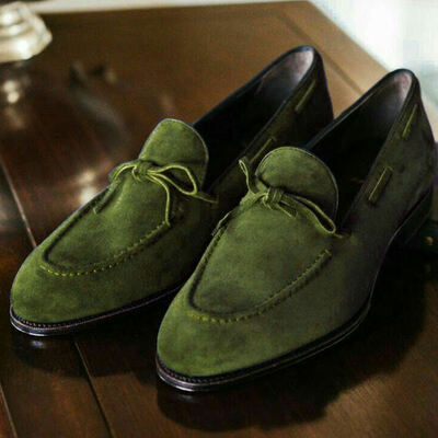 Decent handmade olive green suede leather loafers men shoes - Thumbnail 3