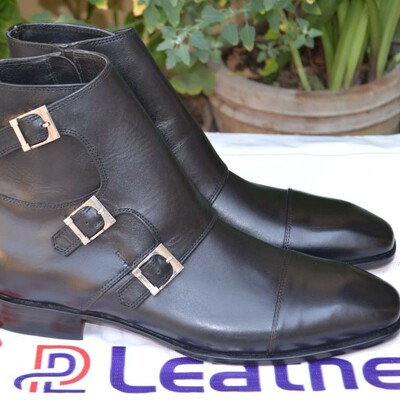 Crafted leather designer triple monk strap ankle high black leather chukka dress boot - Thumbnail 2