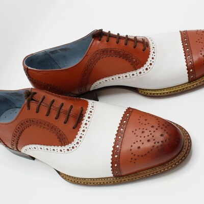 Crafted leather handmade men double norwegian welted tan and white lace up dress oxford shoes - Thumbnail 5