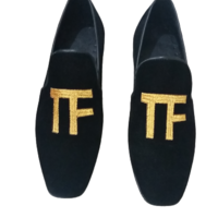 NEW Tom Ford Black Velvet Men Gold TF Monogram Logo Loafers Shoes - Thumbnail 1