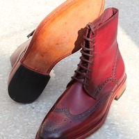 Burgundy Leather Ankle High Lace up Wingtip Dress Handmade Boot - Thumbnail 1